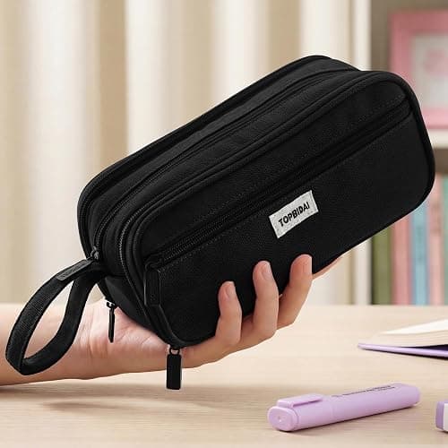TOPBIDAI Large Pencil Case Pouch for Girls Boy Women Men Adults | Big Capacity Canvas Pencil Bag, Office School Supplies, Multi Compartment Zipper Stationery Pen Box (Coal Black) thumbnail 2