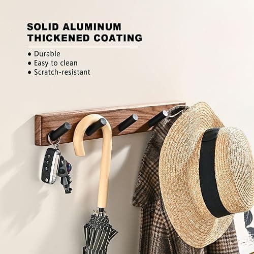 LECHYN 17.3" Small Wooden Coat Rack Wall Mounted with 5 Pegs Hooks, Entryway Wall Hooks Coat Hanger for Hanging Towel Jacket Clothes Hat Backpack Shoe Purse Key Holder Hook Rail by Black Walnut Wood thumbnail 4
