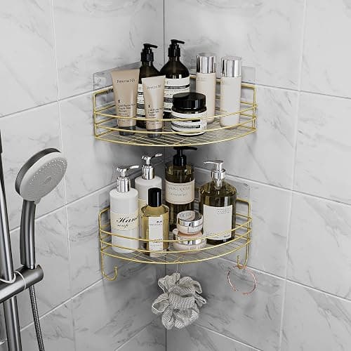 Corner Shower Shelves with 4 Hooks, 2-Tier Stainless Steel Bathroom Shower Organizers, Wall Mounted Caddy Shelves No Drilling with Adhesive, Triangle Storage Shelf for Toilet, Dorm and Kitchen, Gold thumbnail 5