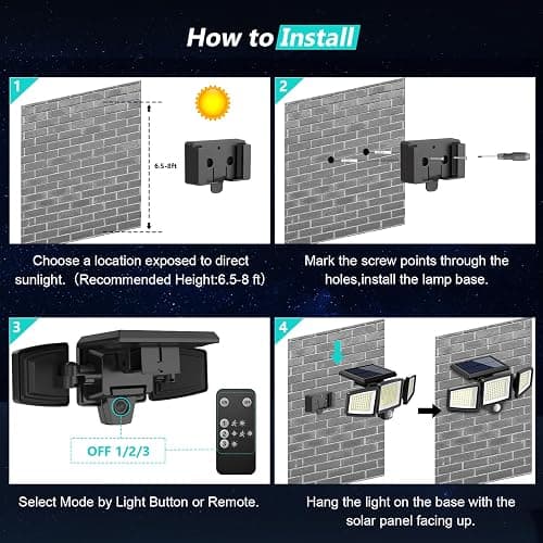 Tuffenough Solar Outdoor Lights 2500LM 210 LED Security Lights with Remote Control,3 Heads Motion Sensor Lights, IP65 Waterproof,270° Wide Angle Flood Wall Lights with 3 Modes(2 Packs) thumbnail 6