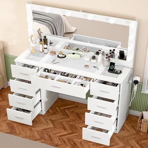 FIONESO Vanity Desk with Glass Top & Lights Mirror, 3 Adjustable Lighting Color, Makeup Vanity with 9 Drawers and 12 LED Lights, Dressing Table for Bedroom, Vanity for Girls, White thumbnail 4