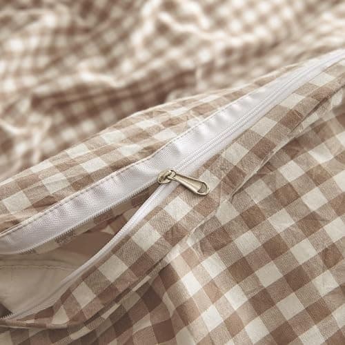 Nayoroom Gingham Duvet Cover Queen Size 100% Washed Cotton Brown Tan Plaid Checkered Comforter Cover 3 Pcs Soft Breathable Grid Farmhouse Dorm Bedding Set for All Seasons thumbnail 7