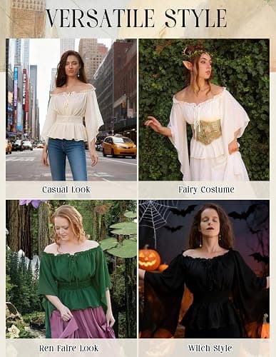 Scarlet Darkness Women Renaissance Shirt Off Shoulder Bell Sleeve Tops | Smocked Waist, Comfortable Chiffon, Elastic Neckline, for Ren Faire, Peasant, Pirate, Halloween Costume thumbnail 6