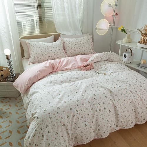 Girl Duvet Cover Twin Pink White Flower Print Bedding Sets Garden Style Floral Comforter Cotton Aesthetic Cover Chic Floral Bedroom Collection 1 Duvet Cover with 2 Pillowcases thumbnail 5
