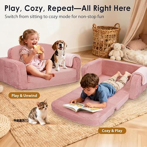 Foryoomi Extra Wide 2 in 1 Convertible Toddler Kids Couch - Corduroy Fold Out Kids Sofa Chair with Blanket, Comfy Comfortable Toddler Chair, Machine-Washable Cover, for Boys Girls, Pink thumbnail 6