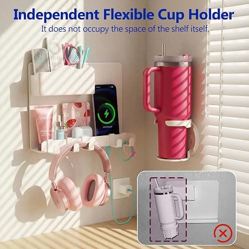 Bedside Wall Shelf for Teen Girls Dorm Room Essentials Bunk Bed Stuff | No Drill Floating Shelves with Cup Holder, Aesthetic Cute Girls Room Decor Aesthetic Stick Bedroom Accessories Organizer thumbnail 4