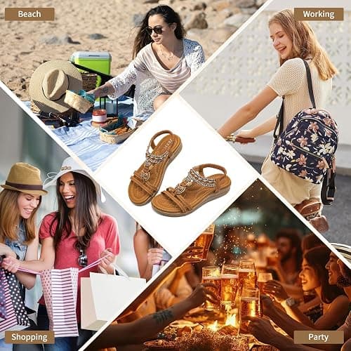 TETSUO Women Sandals Walking Flats Summer Beach Sandals Arch Support Casual Dressy Shoes for Women Elastic Ankle Strap Jeweled Bohemian Shoes thumbnail 7