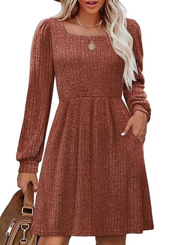 OFEEFAN Womens Knit Sweater Dress with Pockets Square Neck Long Sleeve Dresses - Image 1