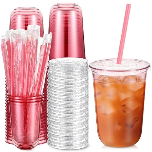 Ziliny 50 Sets Clear Plastic Cups with Heart Shaped Straws and Lids, Disposable Iced Coffee Cups Drinking Pet for Cold Drinks, Valentine's Galentine's Day Bridal Baby Showers Party (16 oz,Pink) - Image 1