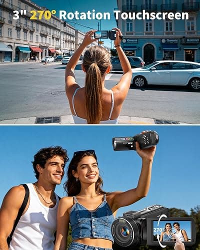 Aidzhi 4K Video Camera Camcorder 96MP UHD Vlogging Camera for YouTube 18X Digital Zoom 3.0 IPS 270° Rotation Touch Screen Video Recorder with Remote Control, Night Vision, 32GB Card, 2 Batteries thumbnail 4