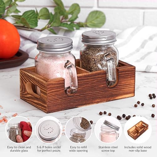 Mason Jar Salt and Pepper Shakers - Glass Shaker Set with Wood Holder Caddy, Easy to Clean & Refill for Farmhouse Kitchen Table, Home and Gifts thumbnail 3