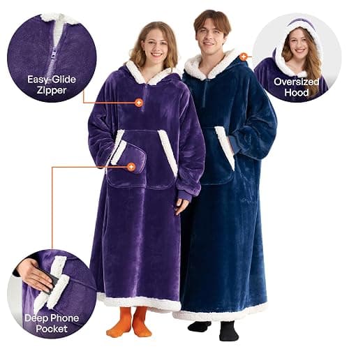 Giggling Getup Wearable Blanket Hoodie for Women Men Gifts for Women Mom Wife Sherpa Fleece Long Hooded Blanket Sweatshirt Cozy Sherpa Wearable Throw with Pocket & Sleeves for Adult Standard Purple thumbnail 3
