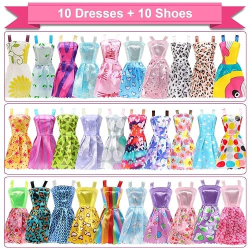 BARWA 53 pcs Doll Clothes and Accessories 10 pcs Party Dresses with 42 pcs Shoes, Crown, Necklace, Hangers, Bags, Accessories for 11.5 inch Doll thumbnail 3