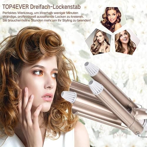 TOP4EVER Welleneisen für Haare, 22 mm 3-Fässer-Lockenstab für Beach Waves | Keramikbeschichtung, 28 s Aufheizzeit, 2 Temperaturstufen mit 170/220 °C, für große Wellen sowie lange und kurze Haare thumbnail 4