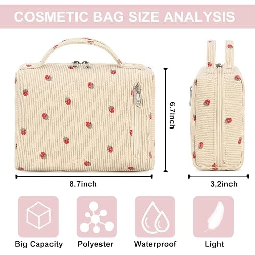 Bluboon Makeup Bag Zipper Pouch Travel Toiletry Bag Portable Cosmetic Bag Organizer for Women and Girls(Strawberry Corduroy Beige) thumbnail 2