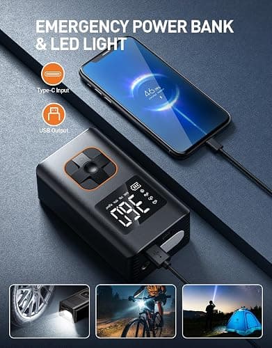 Tire Inflator Portable Air Compressor - 150 PSI Mini Portable Air Pump for Car Tires, Cordless Electric Bike Tire Pump with Digital Pressure Gauge, LED Light for Auto, Car, Motorcycle, Bicycle, Ball thumbnail 7