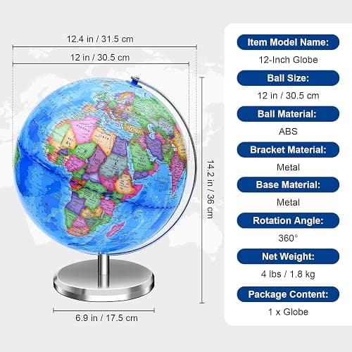 World Globe for Children and Adults, 12 inch Educational Spinning Earth Map with Stand, Self-Assembled Interactive World Globes for Kids Learning, Classroom, Students Desk, Room and Office Decor thumbnail 2
