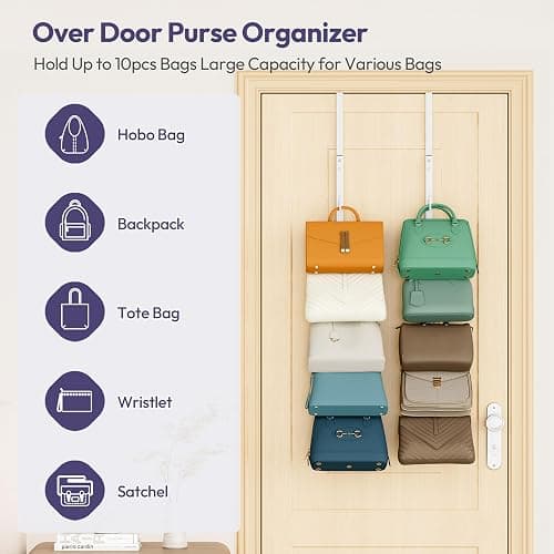 SWTYMIKI Over the Door Purse Organizer - 2 Packs Wall Mounted Purse Rack with 5 Hooks Design, Hanging Handbag Organizer Storage Holds up to 10 Bags, Bag Rack for Closet, Door (White) thumbnail 3