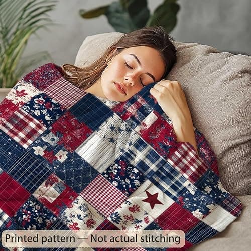YucZiken Printed Patchwork Country Blanket Throw for Women and Men, Farmhouse Vintage Blanket Gift, Lightweight Fleece Americana Rustic Home Decor, 40"×50" thumbnail 2