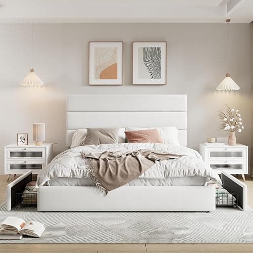 Allewie Modern Full Size Platform Bed Frame with 4 Storage Drawers and Velvet Upholstered Headboard, Wooden Slats Support, Upholstered Mattress Foundation/No Box Spring Needed/Easy Assembly, White thumbnail 3