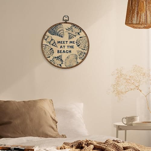 XBBMGG Coastal Seashell Wall Art Decor, Vintage Meet Me at The Beach Shell Round Wall Hanging Decor, Nautical Seashell Framed Canvas Prints for Living Room Bathroom Decorations, 10x10inch thumbnail 2