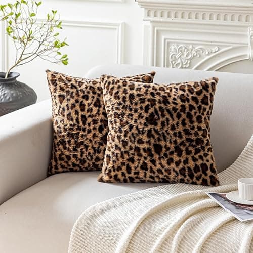 Soft Leopard Print Throw Pillow Covers 18x18 Set of 2, Cheetah Print Room Decor Faux Fur Fluffy Throw Pillows 18 x 18, Velvet Fuzzy Decorative Pillow Covers, Stockholm Style Room Decor for Women thumbnail 7