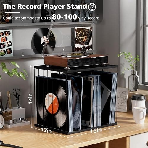 Emfogo Vinyl Record Storage, Metal & Wooden Vinyl Record Holder Up to 80 Album, 3-Compartment Record Player Stand for Magazine, Book, Files, Albums (Black) thumbnail 3
