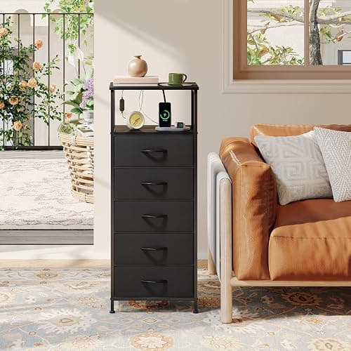 Somdot Black Nightstand with Charging Station and LED Light for Bedroom, Tall 5 Drawers Dresser with Fabric Bins for Bedside Kids Dorm Room Closet Laundry Entryway, Black thumbnail 7