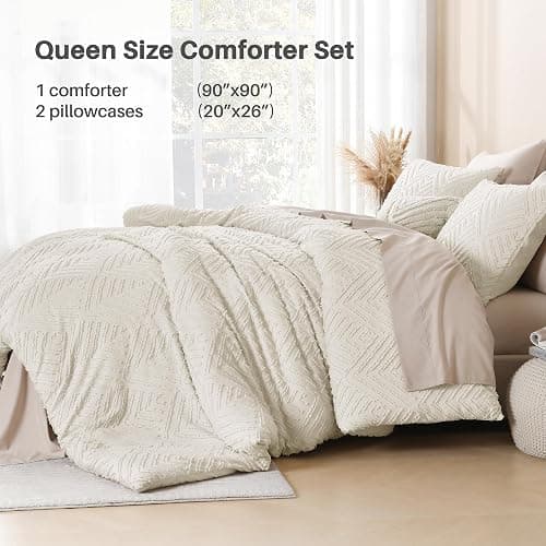 Litanika Queen Comforter Set Beige, 3 Pieces Cream Tufted Boho Farmhouse Bedding Comforter Sets, Lightweight Fluffy Comforter Bed Set for All Season (90x90In Comforter and 2 Pillowcases) thumbnail 7