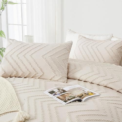 Andency Comforter Full Size Set, Beige Boho Cream Soft Warm Tufted Neutral Bedding Comforter Sets for Full Size Bed, 3 Pieces Aesthetic Chevron Farmhouse Cute Bohemian Textured Bedding Set thumbnail 4