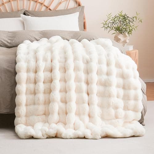 BENVWE Faux Fur Throw Blanket for Couch - Cozy Plush Fluffy Soft Thick Bubble Blanket for Living Room Home Decor - Mothers Day Birthday Gifts for Women, Cream White, 51" x 63" thumbnail 9
