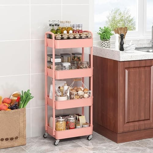 Sywhitta 4-Tier Plastic Rolling Utility Cart with Handle, Multi-Functional Storage Trolley for Office, Living Room, Kitchen, Movable Storage Organizer with Wheels, Pink thumbnail 2