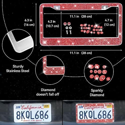 CAR PASS 30 PCS Bling Diamond Car Accessories Set for Women, Bling Steering Wheel Covers 15 Inch, Shining Rhinestone License Plate Frame, Sparkly Phone Holder, Cute Interior Set Decorations, Red thumbnail 4