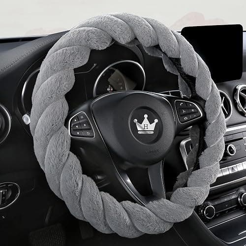 HighnessHwoo Luxury Fluffy Winter Car Steering Wheel Cover for Women Soft Warm Plush Cute Auto Accessories for Vehicle, Sedan, Universal, Fuzzy, Anti Slip, Gray, Standard Size, 14.75-15.15" thumbnail 2