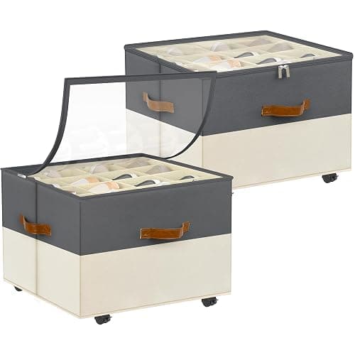 Foyego 2 Pack Shoe Organizer for Closet, with Wheels, Beige and Grey | Fits 32 Pairs, with Adjustable Dividers and Clear Cover, Saving Space Foldable Fabric Closet Shoe Storage Organizer Box Bins - Image 1