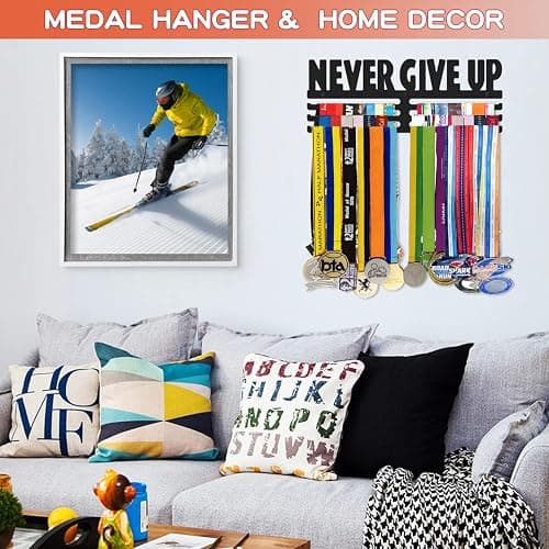 Bliocefo Medals Hanger Holder Display Steel Rack Hooks 15 inches Wall Mount Frame Over 60 Medals-Sports Medal Hook Storage Organizer Never Give Up Ribbon with Easy Hanging Bars Black 3 Lines thumbnail 6