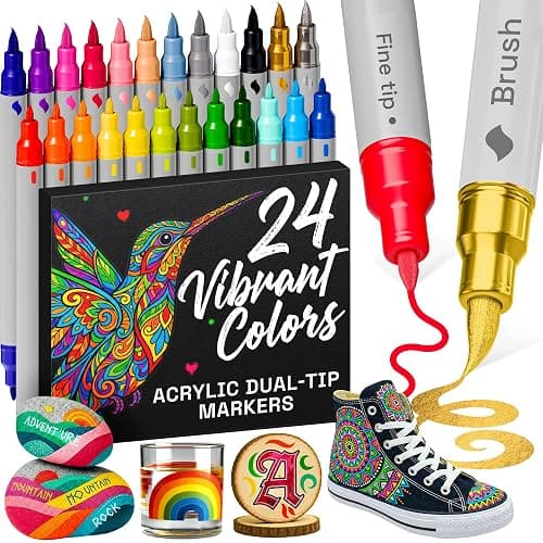 ARTISTRO 24 Acrylic Paint Markers - Paint Pens for Drawing, Brush + Fine Tips - For Fabric, Rock, Glass, Wood, DIY - Art & Craft Supplies for Adults, Teens, Kids - Teacher Appreciation Gift - Image 1