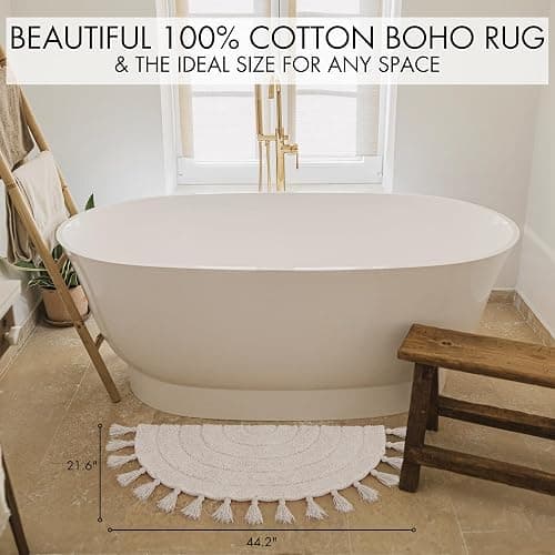 Beautiful Boho Rug with Tassels for Your Bathroom - Soft Half Circle 100% Cotton Mat Fits Perfectly Into Your Home - A Cute, Non-Slip and Absorbent Crochet Rug Ideal to Enhance Any Bath/Bedroom Decor thumbnail 2