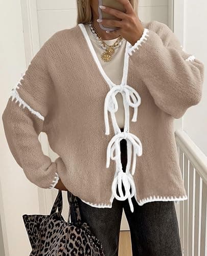 Women's Tie Front Bow Cardigan Sweaters Chunky Knit Long Puff Sleeve Trendy Fall Winter Jacket Coats thumbnail 3