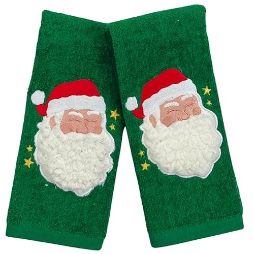 Serafina Home Holiday Christmas Bath Fingertip Towels, Embroidered Santa Sherpa Applique with Stitched Hem, 2 Piece Set, 12 x 18 inches, 100% Cotton - Image 1