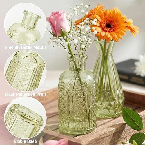 Glass Bud Vases in Bulk Set of 5, Green Small Mini Vases for Flowers, Vintage Vase for Centepiece,Wedding, Table Decor, Baby Shower, Christmas, Home and Events thumbnail 5