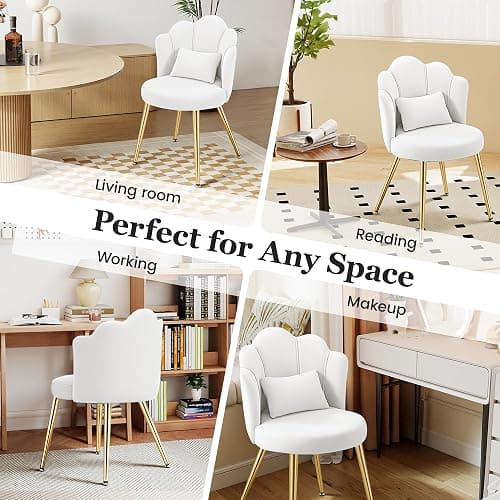 BestGlory Petal Makeup Vanity Chair with Back, Flower Chair Comfy No Wheels for Girls Women, Makeup Chair with Golden Metal Legs & Lumbar Pillow for Living Room/Makeup Room/Bedroom/Home Office - White thumbnail 6