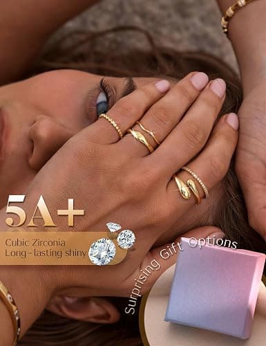 THUNARAZ 14K Gold Plated Rings for Women Non Tarnish Stackable Chunky Rings Cubic Zirconia Thumb Ring Set Dainty Trendy Statement Promise Wedding Bands Engagement Ring for Women Size 6-10 thumbnail 6