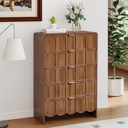 ORRD 5 Drawer Dresser for Bedroom, Modern Closet Chest of Drawers with Wave Fluted Drawer, Wood Storage Small Dresser Organizer for Nursery Bedroom Living Room Hallway Closet (Walnut) thumbnail 7