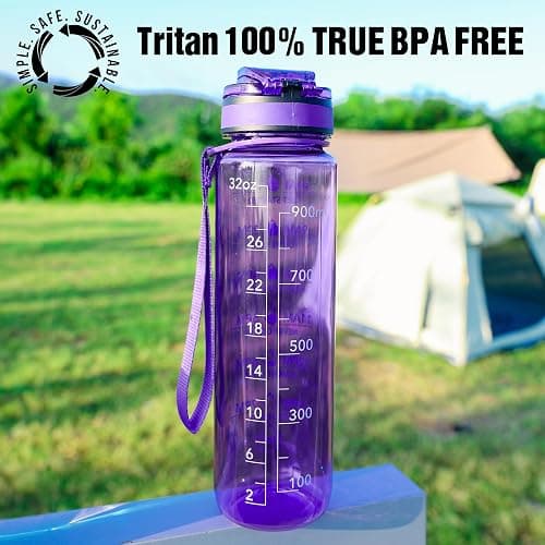 OLDLEY Water Bottle, 32oz Motivational Sports Water Bottle with Time Marker - Times to Drink - Tritan, BPA Free, Wide Mouth Leakproof,Deep Purple thumbnail 2