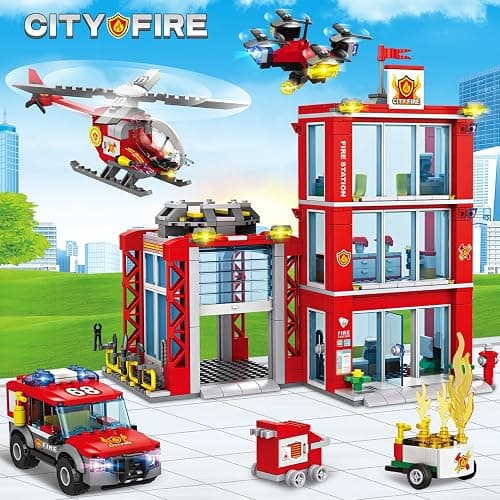City Fire Station Building Blocks Set with Fire Truck , Fire Rescue Helicopter,Drone & Fire Engine Toys,Fire Command Center Playset, Firefighters Roleplay Toy Gifts for Kids Boys Girls Ages 6+(744PCS) thumbnail 2