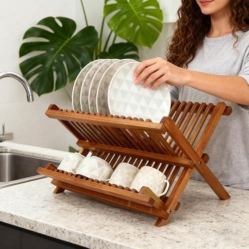 Utoplike Teak Dish Drainer Rack Collapsible 2 Tier Dish Rack Dish Drying Rack Foldable Plate Organizer Holder for Kitchen Compact Countertop thumbnail 7