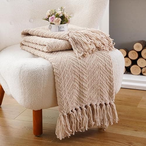BATTILO HOME Beige Throw Blanket for Couch, Knitted Beige Throw for Bed, Neutral Throw Blankets Tan Throw Blanket for Room Decor Housewarming Gifts, 50" x 60" thumbnail 7