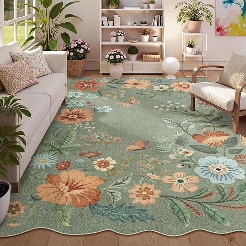 Lahome Floral Washable Rugs 8x10, Non-Slip Soft Green Rug Stain Resistant, Ultra-Thin 8x10 Rugs for Living Room Easy Clean Boho Accent Carpet for Dining Room Office(8x10ft,Green) - Image 1