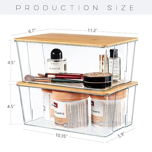 Hudgan 4 Pack Clear Plastic Storage Bins with Bamboo Lids, Stackable Storage Containers for Organizing Medicine Cabinet Organizer, Craft Room, Bread Box thumbnail 3